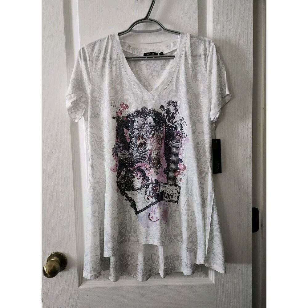 APT 9 Women's White/Gray Paisley Blouse Embellished Rhinestones Short Sleeve M